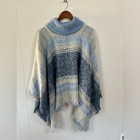 Multicolor blue poncho sweater soft stretchy knit one size turtleneck shrug - Picture 1 of 2